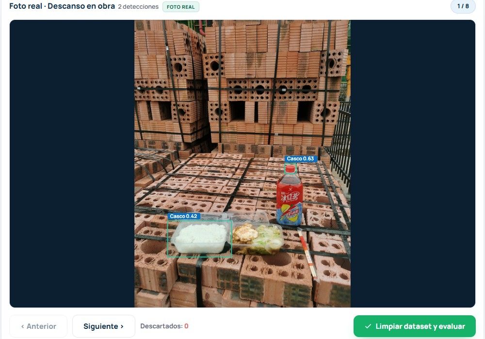 Foto de obra con detecciones del modelo en el taller de falsos positivos