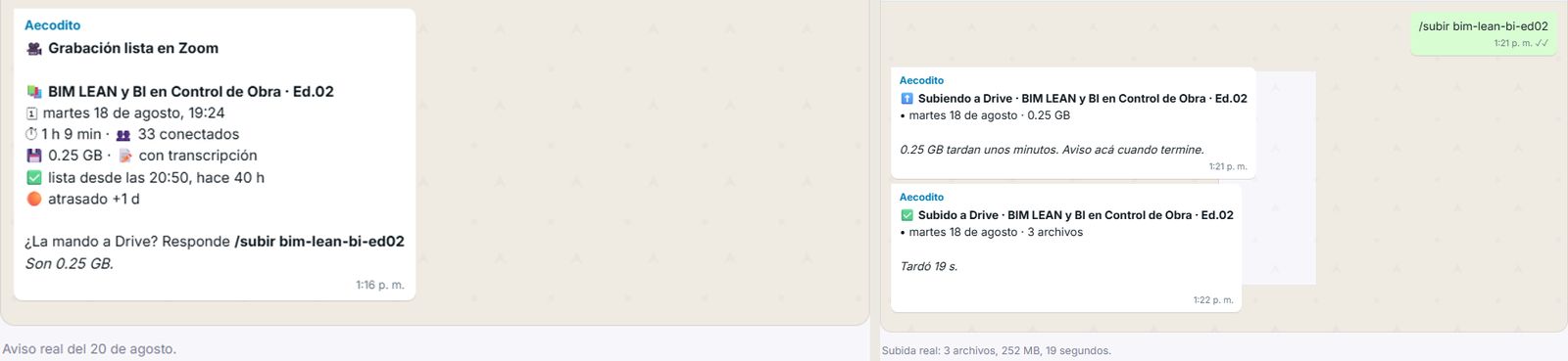 Aviso de grabación lista y confirmación de subida