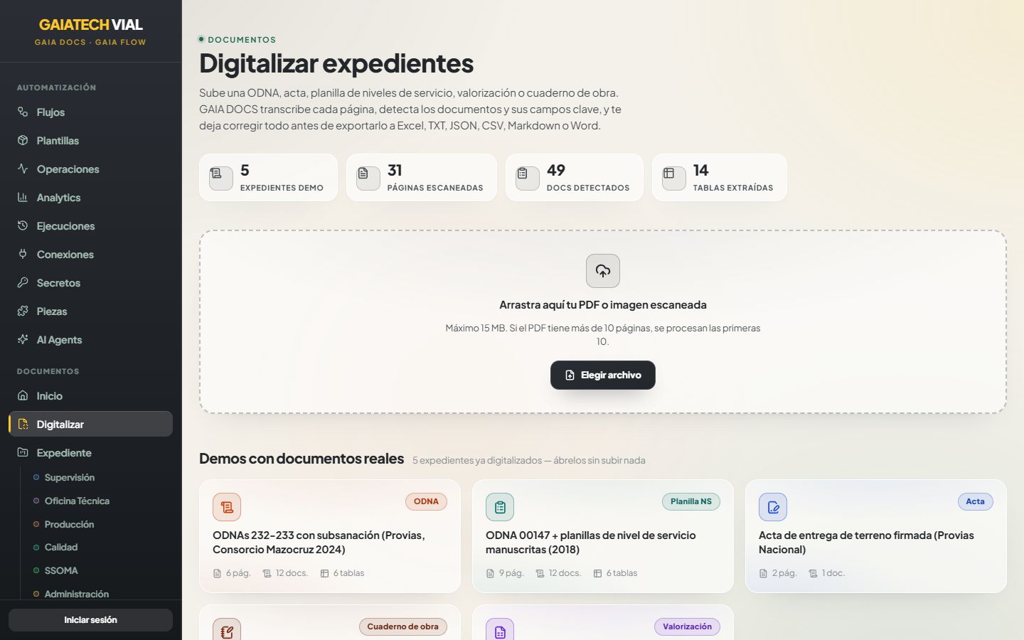 GAIA DOCS: carga de expedientes y demos con documentos reales