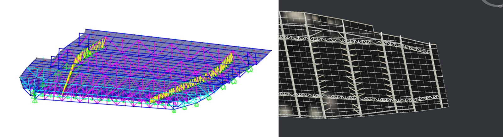 Cobertura metálica en SAP2000 y la misma cobertura importada en Revit