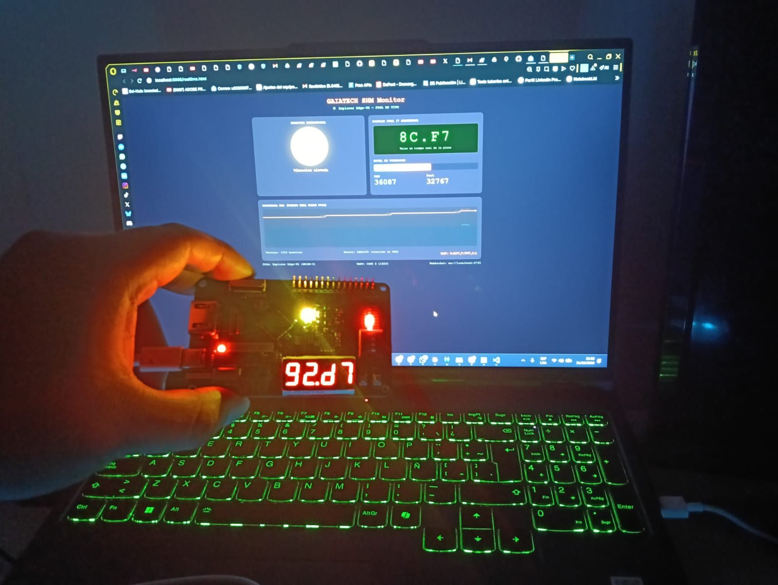 Placa FPGA con display de 7 segmentos junto al monitor del prototipo